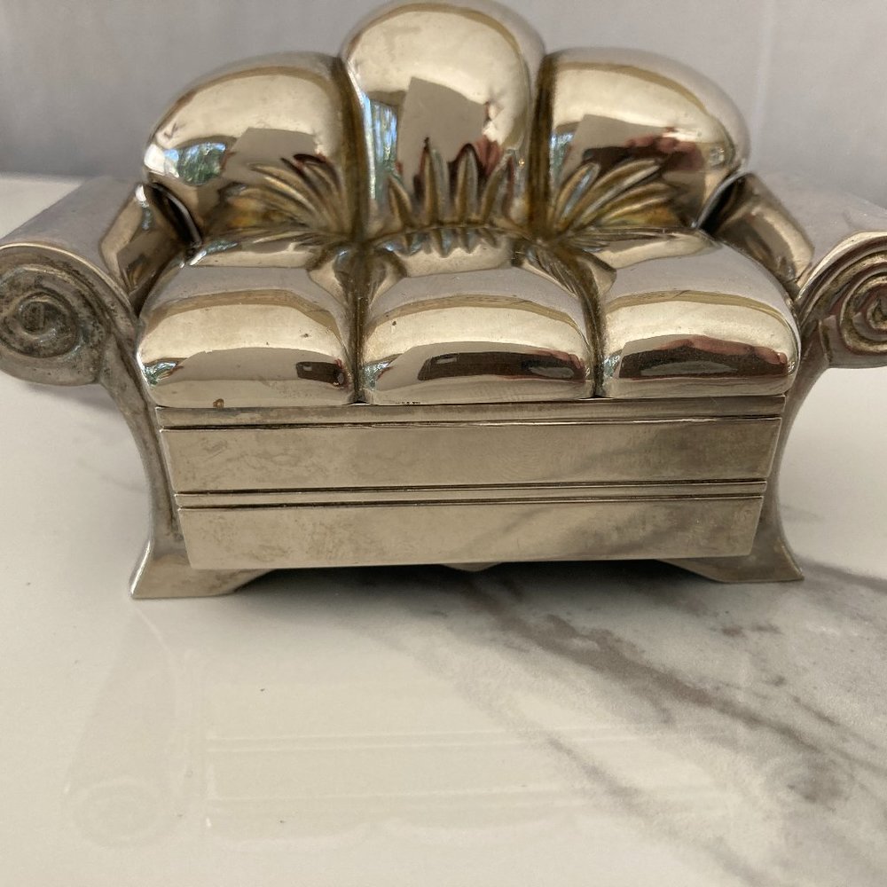 Fun Jewelry Box! 1991 Godinger Silver Plated Sofa Couch Hinged lid, velvet lined